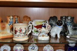 A GROUP OF NINETEENTH CENTURY CERAMICS, comprising two pairs of standing Staffordshire spaniels,