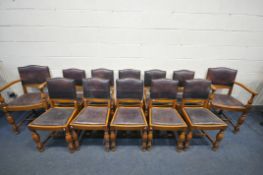 A SET OF TWELVE LATE 19TH/EARLY 20TH CENTURY OAK DINING CHAIRS, with brown leather seat pad,