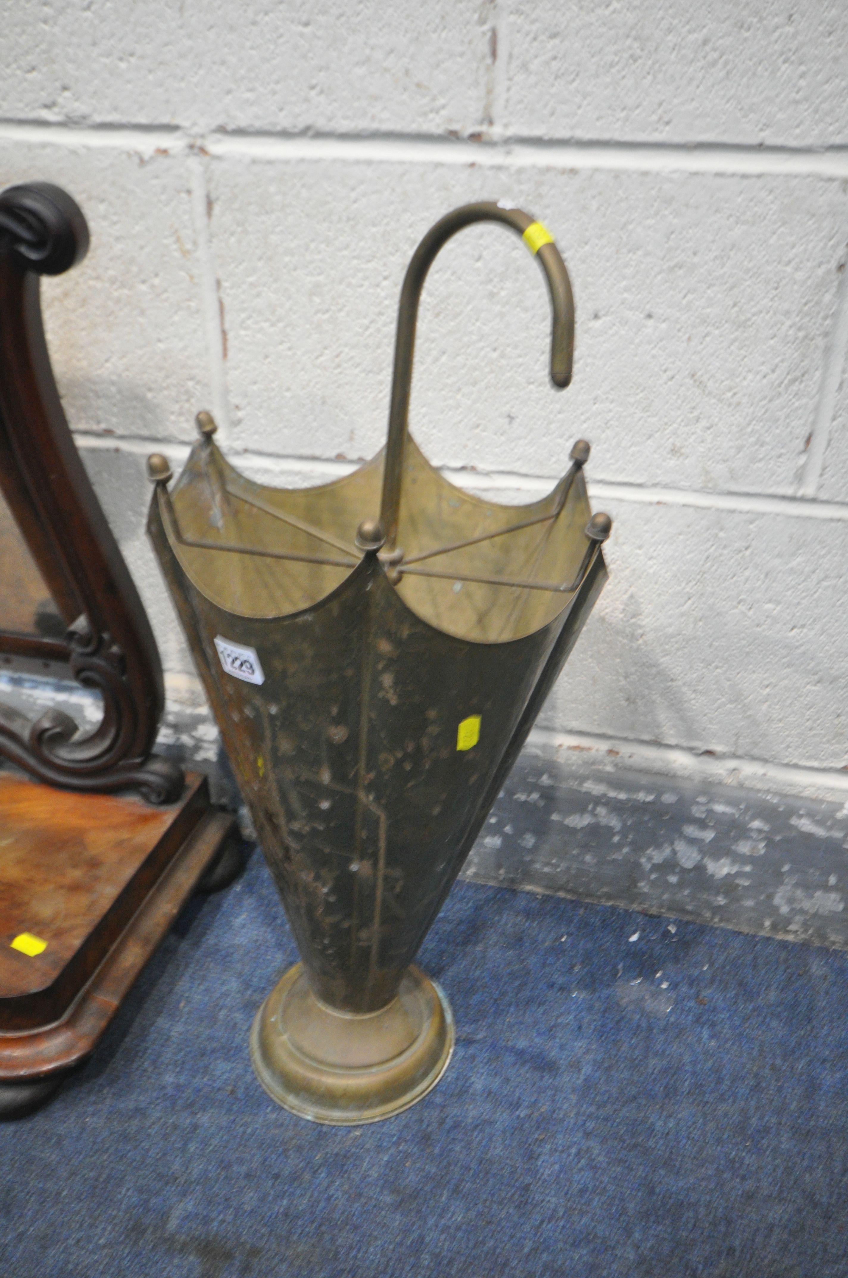 A BRASS UMBRELLA SHAPED UMBRELLA STAND, height 60cm (condition:-various faults including being - Image 2 of 3