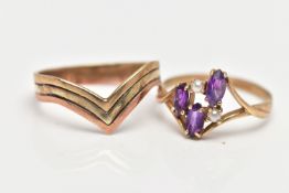 TWO 9CT GOLD RINGS, to include a purple cubic zirconia and imitation seed pearl abstract ring,