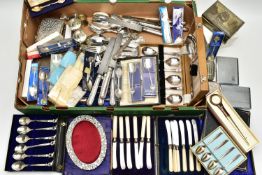 A BOX OF ASSORTED CUTLERY AND ITEMS, to include a quantity of boxed collectable teaspoons, a boxed