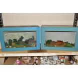 TWO MID 20TH CENTURY WOOD AND GLASS CASED DIORAMAS, one containing a model of a house with several