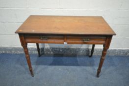 AN EDWARDIAN WALNUT SIDE TABLE, with two drawers, on turned legs, width 107cm x depth 55cm x