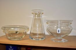 THREE PIECES OF KROSNO GLASS WARES, all clear glass comprising a conical vase height 28cm, a