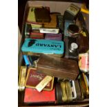 A BOX OF ASSORTED VINTAGE TIN BOXES, mostly tobacco tins with a small quantity of snuff and