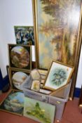 A SMALL QUANTY OF ASSORTED PRINTS AND NEEDLEWORK PICTURES, to include a landscape print in the plate