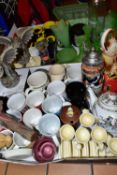 TWO BOXES OF CERAMICS AND GLASSWARE, to include a collection of Marmite mugs, toast rack, teapot,