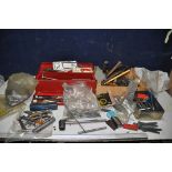 A METAL TOOLBOX AND A TRAY CONTAINING TOOLS including spanners, T bars, an Impact Driver, hammers,
