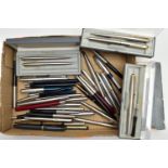 A BOX OF ASSORTED PENS, a selection of ball point and fountain pens, names to include Parker,