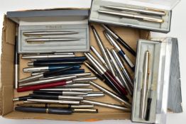 A BOX OF ASSORTED PENS, a selection of ball point and fountain pens, names to include Parker,