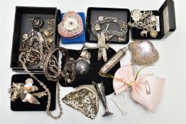 A BOX OF ASSORTED SILVER AND WHITE METAL JEWELLERY AND ITEMS, to include a silver hinged bangle