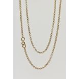 A YELLOW METAL BELCHER CHAIN, a long fine belcher chain, fitted with a spring clasp, approximate