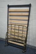 A VICTORIAN BRASS SINGLE BEDSTEAD, with later irons and pine slats