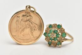 A 9CT YELLOW GOLD EMERALD AND DIAMOND CLUSTER RING AND A 9CT GOLD ST.CHRISTOPHER PENDANT, slightly