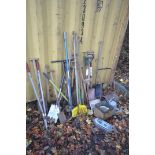 A SELECTION OF GARDEN ITEMS, to include a vintage garden roller, tools including spades, shovels,