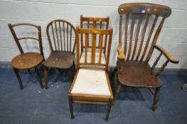 A SELECTION OF CHAIRS, to include an elm and beech open armchair, a pair of oak dining chairs, a