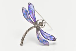 A WHITE METAL PLIQUE A JOUR BROOCH, in the form of a dragonfly, the body set with marcasite,