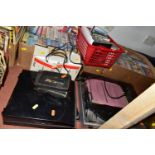 THREE BOXES AND LOOSE, VHS CASSETTES AND RECORD PLAYERS ETC, to include ION USB turntable,