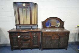 AN EARLY TO MID 20TH CENTURY OAK MIRRORBACK SIDEBOARD, width 121cm x depth 46cm x height 148cm