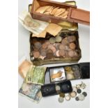 A PLASTIC TRAY CONTAINING TWO BOXES OF COINAGE, to include mixed Victorian silver coins, silver