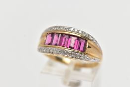 A 9CT GOLD TOURMALINE AND DIAMOND DRESS RING, set with five rectangular cut pink tourmaline, with