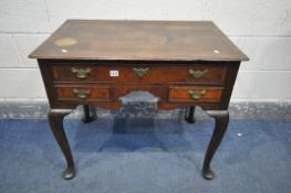 A GEORGIAN OAK AND BOX INLAID LOWBOY, with a single long and two small drawers, on cabriole legs