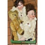 TWO EARLY 20TH CENTURY BISQUE HEAD DOLLS AND A BEAR, comprising a wood/wool stuffed bear with disc