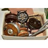 A BOX OF VINTAGE FISHING REELS, comprising two Allcock Aerialite reels - one boxed, a wooden