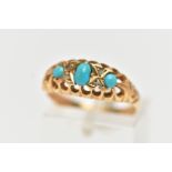 AN EARLY 20TH CENTURY TURQUOISE AND DIAMOND RING, centering on an oval cut turquoise cabochon,