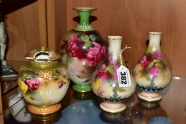 FOUR ROYAL WORCESTER VASES, comprising a pair of bulbous long necked vases, having relief moulded