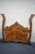 A 20TH CENTURY LOUIS XV WALNUT 4FT6 BEDSTEAD, with foliate decoration, with two osb boards (