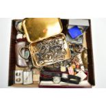 A BOX LID OF ASSORTED ITEMS, to include various gents wristwatches, a glass jar of tags, costume