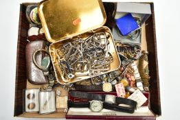 A BOX LID OF ASSORTED ITEMS, to include various gents wristwatches, a glass jar of tags, costume