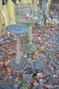 A COMPOSITE BIRD BATH, on a shaped support and square base, 45cm diameter x height 73cm (