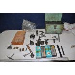 AN AMMO BOX CONTAINING METALWORKING LATHE CUTTERS AND ATTACHMENTS including Stag toolholders,