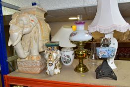 A GROUP OF TABLE LAMPS AND A CERAMIC ELEPHANT STOOL, comprising a cream and yellow 'Elephant'