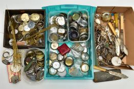 A TRAY OF POCKET WATCHES, WATCH PARTS, SPARES AND REPAIRS, to include pocket watch cases, movements,