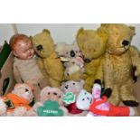 ONE BOX OF TEDDY BEARS AND A PEDIGREE DOLL, the composition doll has an original soft body, blue