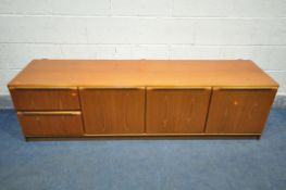 A MID-CENTURY TEAK SIDEBOARD, with three cupboard doors, besides two drawers, length 183cm x depth