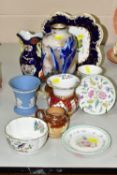 A GROUP OF CERAMICS, to include a Mason's twin handled vase in Blue Hawthorne pattern, the handles