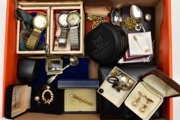 A BOX OF ASSORTED ITEMS, to include three wristwatches, names to include 'Timex, Orfeus,