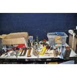 A TRAY AND A BOX CONTAINING MOSTLY WOODWORKING TOOLS including chisels, mallets, hammers, a