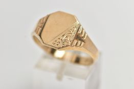 A 9CT GOLD SIGNET RING, yellow gold signet ring, engraved with a scrolling design and textured