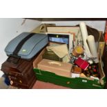 TWO BOXES AND LOOSE SUNDRY ITEMS ETC, to include an Olivetti Lettra 32 manual typewriter, manual