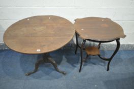 A GEORGIAN OAK CIRCULAR TILT TOP TABLE, diameter 89cm x height 70cm, and a mahogany centre table (