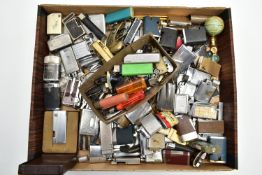 A BOX LID OF ASSORTED LIGHTERS, used conditions, spares and repairs, names to include 'Ronson,