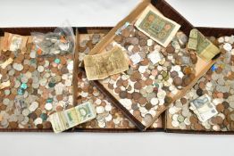 FOUR CARDBOARD TRAYS CONTAINING MAINLY 20th CENTURY COINAGE, to include distressed old dirty current