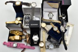 A BOX OF ASSORTED WRISTWATCHES, seventeen wristwatches, names to include 'Fossil, Montine,