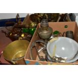 THREE BOXES AND LOOSE METAL WARES ETC, to include three copper kettles, brass jam pan, graduated