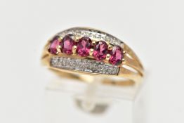 A 9CT YELLOW GOLD TOURMALINE AND DIAMOND DRESS RING, set with five oval pink tourmalines, with